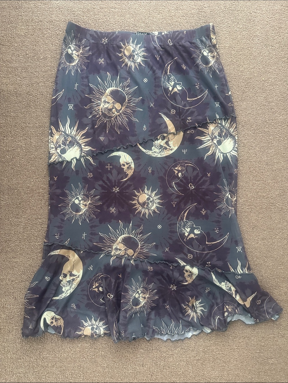 Women's Dark Scull, Moon & Sun Print Ruffle Hem Skirt by Cosmic Aura lre-owned